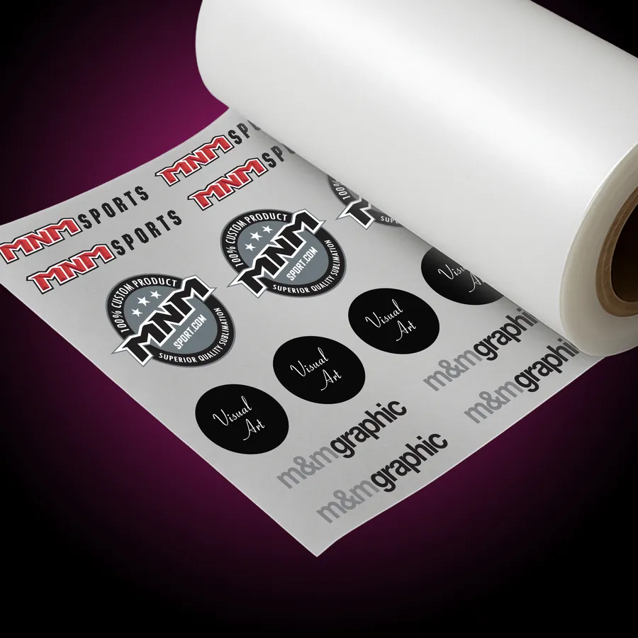Rouleau de film DTF avec plusieurs logos : MNM Sports, m&m graphic et Visual Art