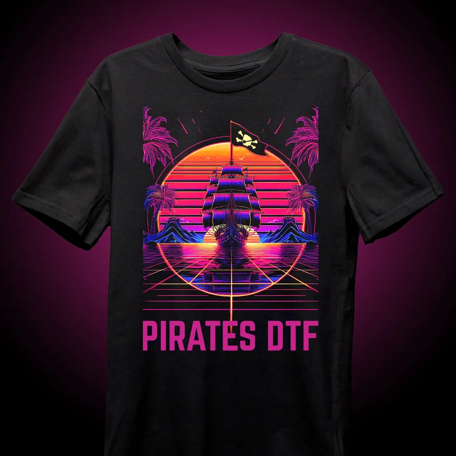 T-shirt noir avec le navire pirate au coucher du soleil et le texte Pirates DTF
